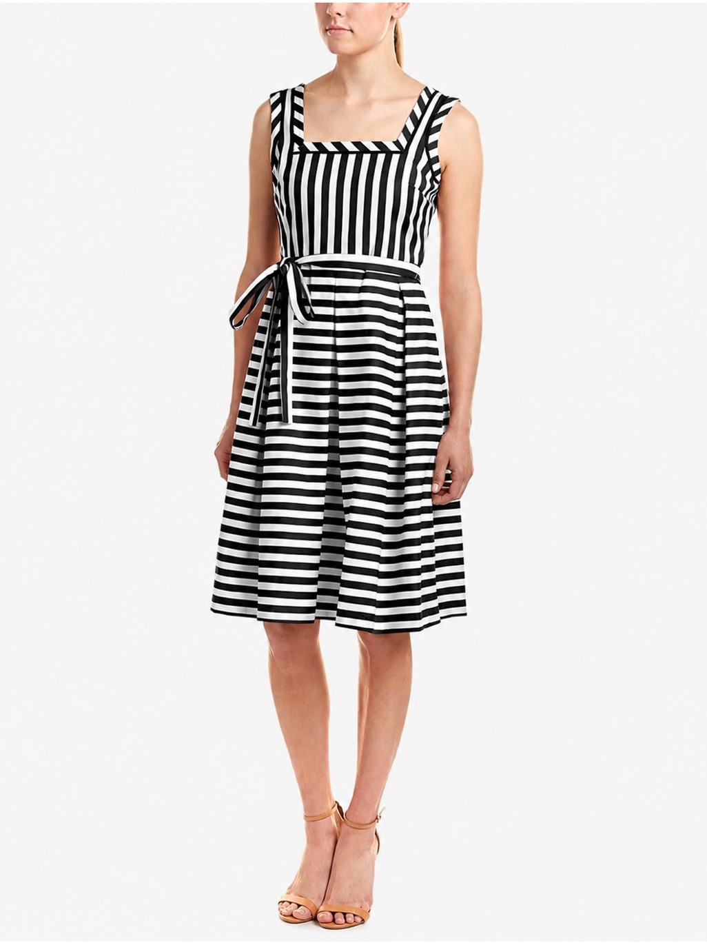 Black And White Striped Sleeveless Dress With Waist Tie